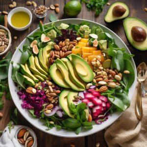 colorful salad with nuts, seeds and avocado