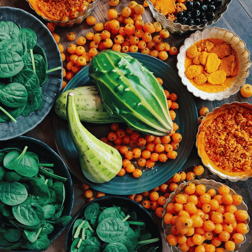 bitter gourd, turmeric, gooseberry, spinach