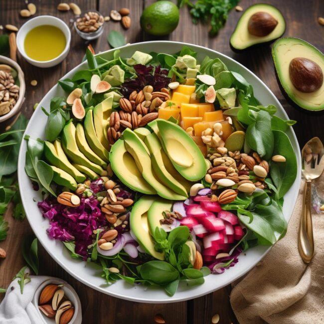colorful salad with nuts, seeds and avocado